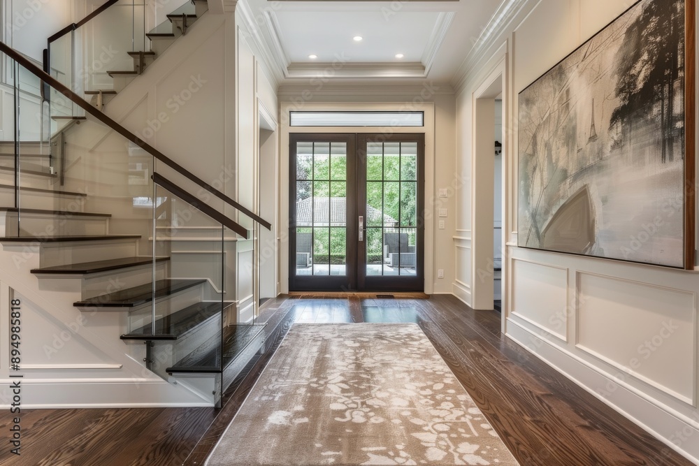 Interior of a modern house, hallway with stairs. Interior of a modern house, hallway with stairs.