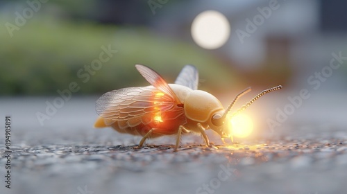   A detailed image of a ground bug with emitted light from its rear and a hazy background photo