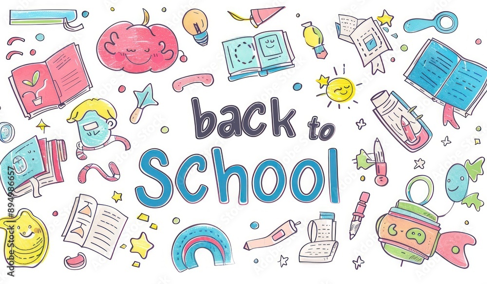 White background featuring hand-drawn cartoon school elements with White background featuring hand-drawn cartoon school elements with