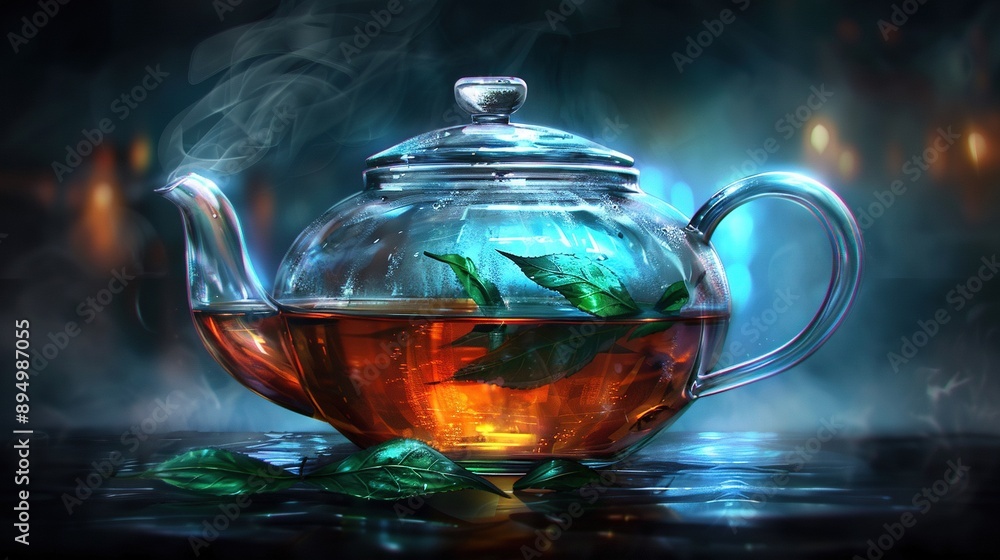A glass tea pot brimming with tea leaves A glass tea pot brimming with tea leaves