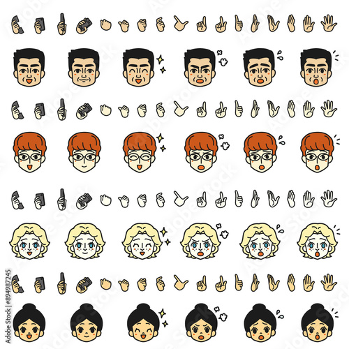 Illustrations of various facial expressions of people of various nationalities. Face.