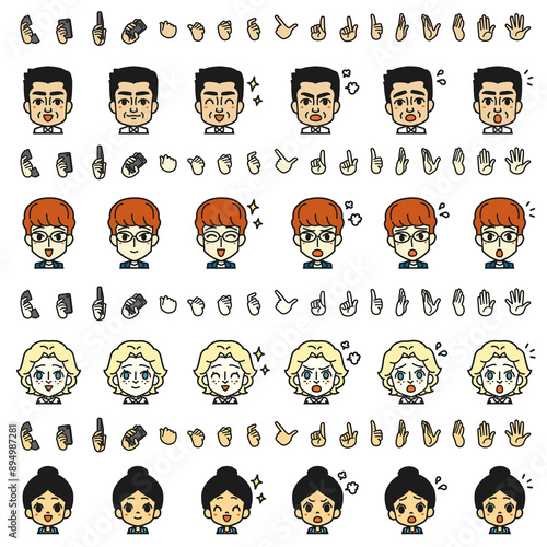 Illustrations of various facial expressions of people of various nationalities. Bust up.