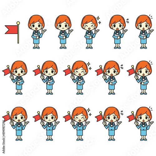 Illustration of a female guide holding a flag. Full body.