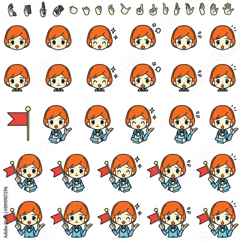 Illustration of a female guide holding a flag. Upper body.