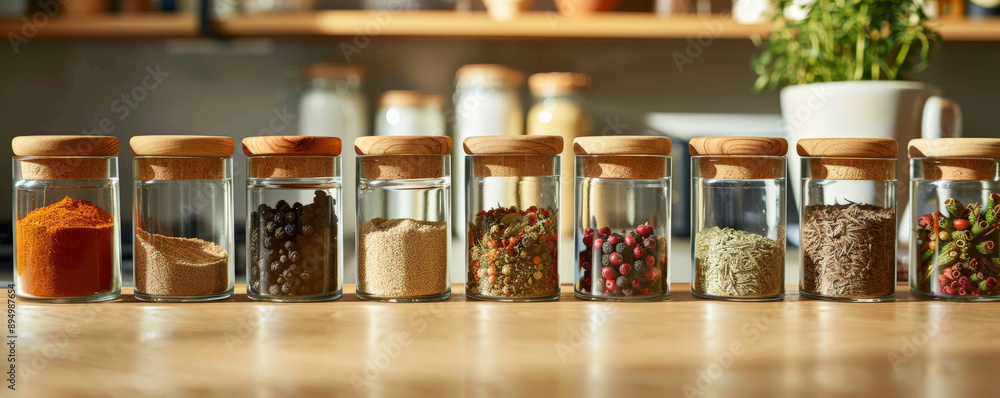 A vibrant mix of spices in small glass jars with wooden lids, neatly arranged on a kitchen counter. A vibrant mix of spices in small glass jars with wooden lids, neatly arranged on a kitchen counter.