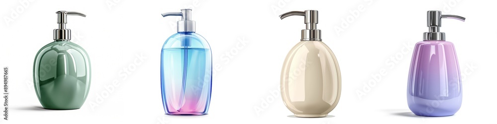 Stylish collection of liquid soap dispensers in assorted colors, perfect for modern bathrooms and kitchens. Stylish collection of liquid soap dispensers in assorted colors, perfect for modern bathrooms and kitchens.