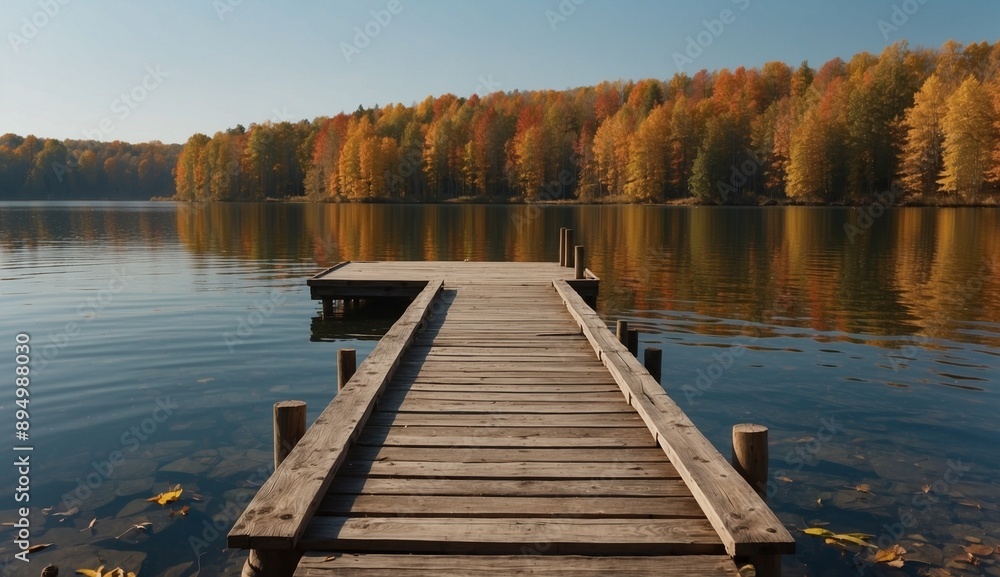 Wooden jetty extending into a calm autumn lake Wooden jetty extending into a calm autumn lake