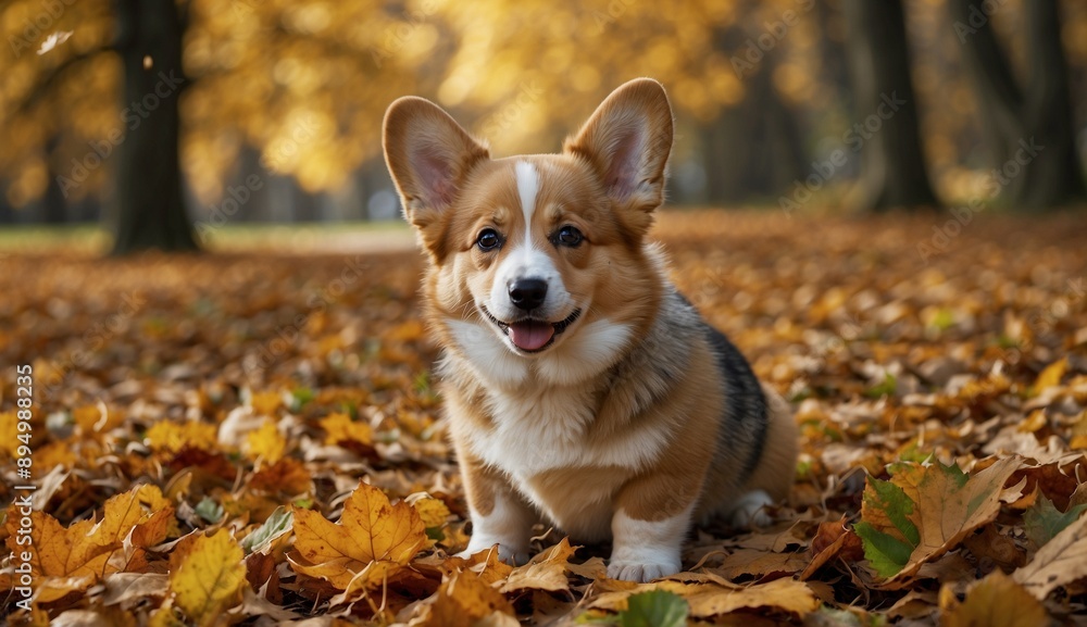 Cute dog sitting in autumn leaves in a forest park Cute dog sitting in autumn leaves in a forest park