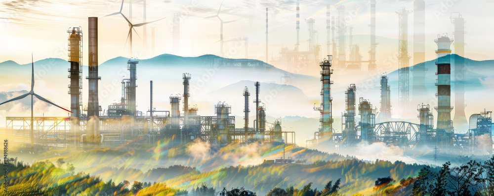 Obraz premium A creative double exposure of an oil refinery plant and a landscape filled with geothermal energy plants and wind turbines. The overlay signifies the diversification of energy sources for a