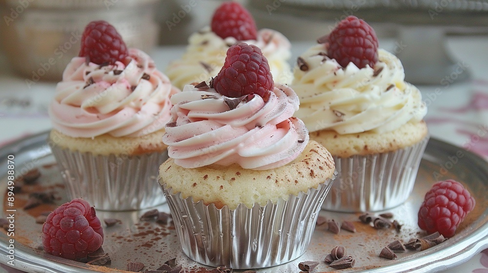 Three cupcakes with white frosting, topped with fresh raspberries and sprinkled with rich chocolate shavings, beautifully displayed on a plate Three cupcakes with white frosting, topped with fresh raspberries and sprinkled with rich chocolate shavings, beautifully displayed on a plate