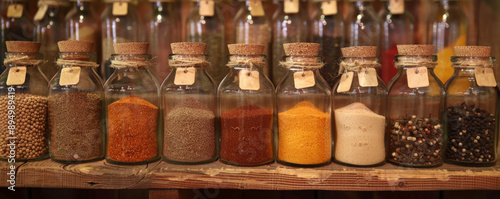 A collection of whole and ground spices in glass jars, displayed on a wooden shelf with labels.