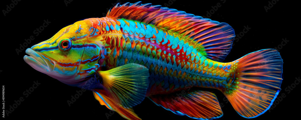 A vibrant, multi-colored wrasse in motion, its bright colors and intricate patterns highlighted against a black background. The fish's fluid, graceful movements create a stunning visual display. A vibrant, multi-colored wrasse in motion, its bright colors and intricate patterns highlighted against a black background. The fish's fluid, graceful movements create a stunning visual display.