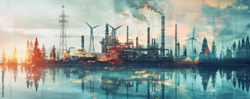 Obraz premium Double exposure of an oil refinery plant and a dynamic landscape with tidal energy generators and wind turbines. The image emphasizes the integration of diverse renewable energy sources for a