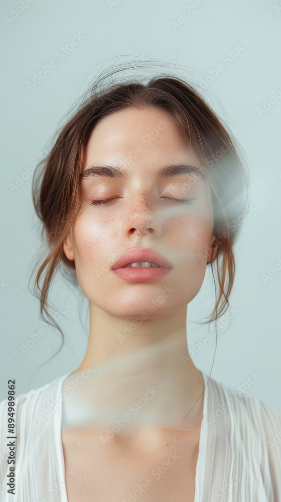 A woman with a white dress and a white hair tie A woman with a white dress and a white hair tie