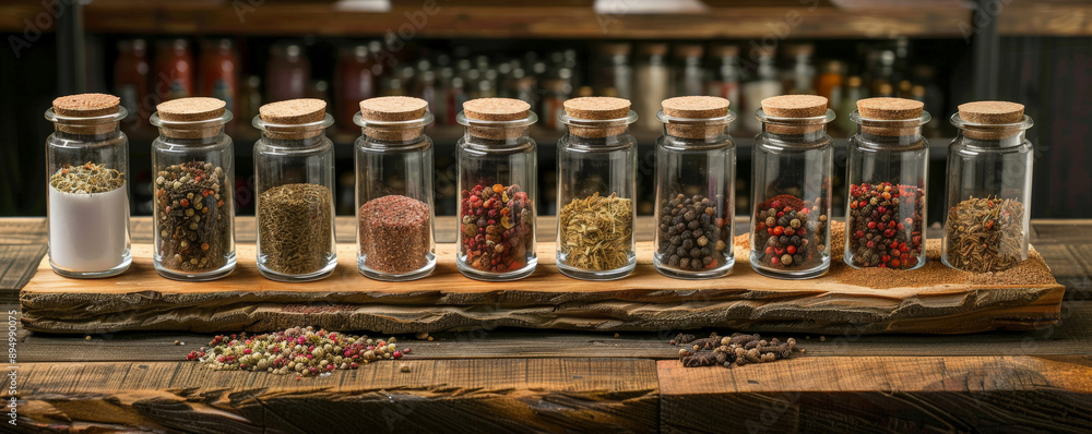 Various spices in glass containers, arranged on a wooden board with a rustic feel. Various spices in glass containers, arranged on a wooden board with a rustic feel.