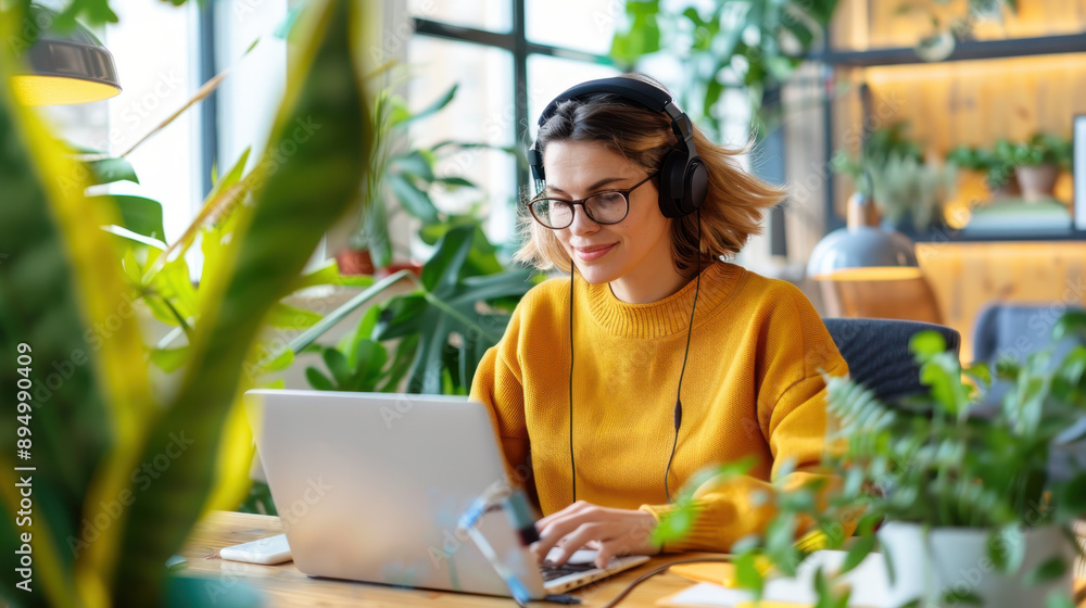 Young woman wearing headphones working on a laptop in a bright room filled with indoor plants and natural light Young woman wearing headphones working on a laptop in a bright room filled with indoor plants and natural light