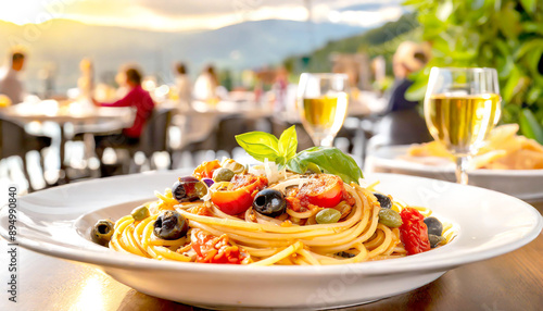 Spaghetti alla Puttanesca, im Hintergrund ein Restaurant  photo