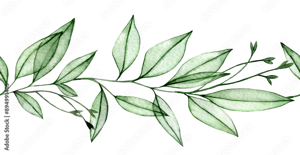 watercolor seamless frame with transparent leaves. X-ray. delicate border with green leaves watercolor seamless frame with transparent leaves. X-ray. delicate border with green leaves
