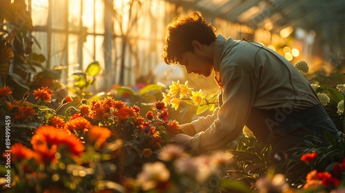 Cultivator enthusiastically caring for exotic flowers in a sunlit greenhouse 8K , high-resolution, ultra HD,up32K HD photo