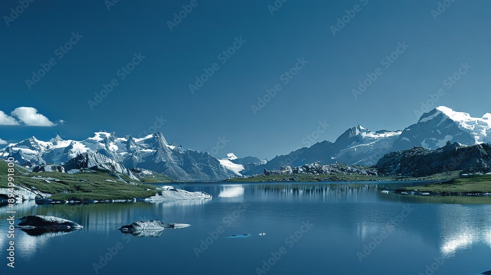 Naklejka premium A body of water encircled by mountains beneath a sapphire sky with a diminutive vessel adrift in its midst