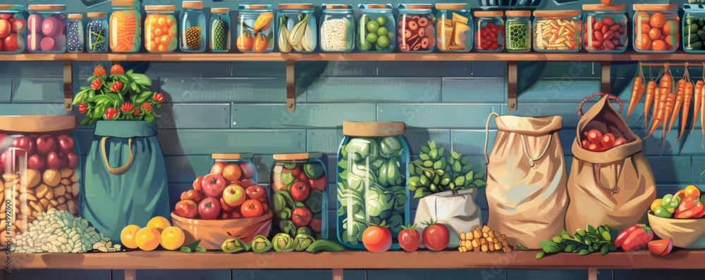 Naklejka premium A vibrant depiction of a zero waste market stall. Glass jars, cloth bags, and metal tins are used to display bulk foods, fresh produce, and eco-friendly products, creating a visually appealing and