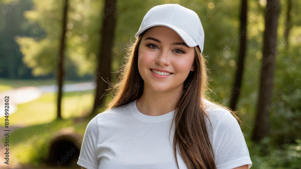 Plus size young woman wearing white t-shirt and white baseball cap standing in nature Plus size young woman wearing white t-shirt and white baseball cap standing in nature
