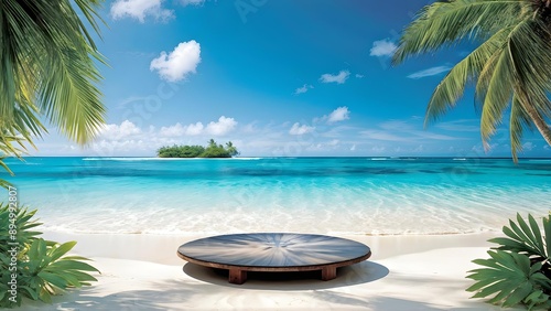Fototapeta Naklejka Na Ścianę i Meble -  Circular wooden platform on tropical beach, clear blue sky and calm sea, travel advertisement