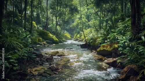 A babbling brook running through a dense forest, with crystal-clear water and lush vegetation on the banks. © Imran_Art