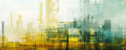 Double exposure of an oil refinery plant and an advanced bioenergy facility. The refinery's industrial elements blend with bioenergy crops and processing units, showcasing the transition to renewable