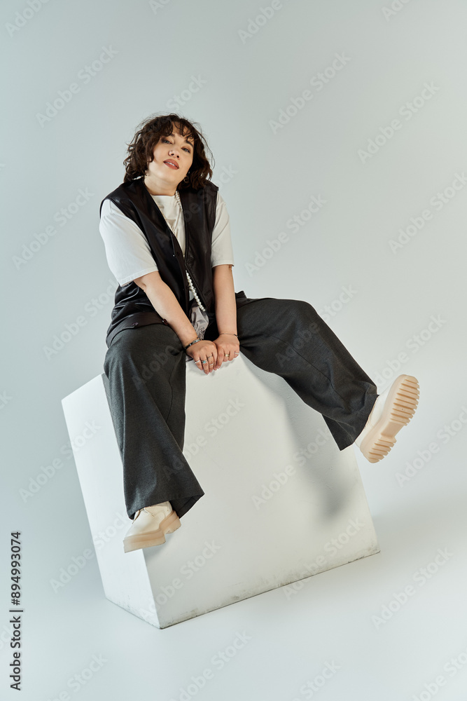 Confident woman with dark hair in black pants and white shirt, seated on white cube Confident woman with dark hair in black pants and white shirt, seated on white cube