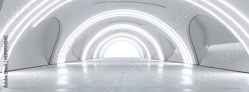 White background  room light abstract space  tunnel stage floor. Empty white future 3D neon background studio futuristic corridor render modern interior silver road black wall design gray  photo