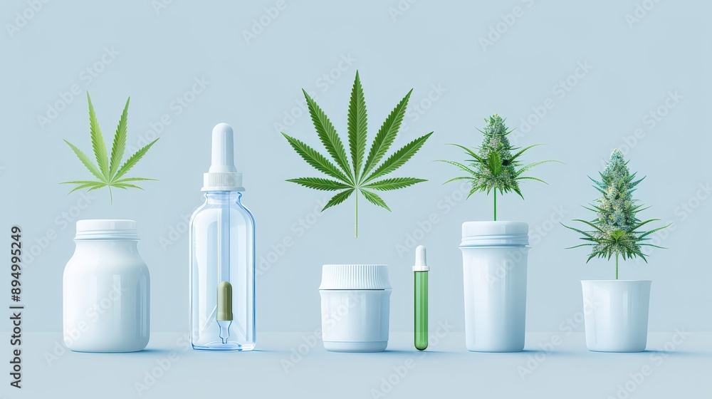 A row of cannabis products including a bottle, a vial, and a plant A row of cannabis products including a bottle, a vial, and a plant