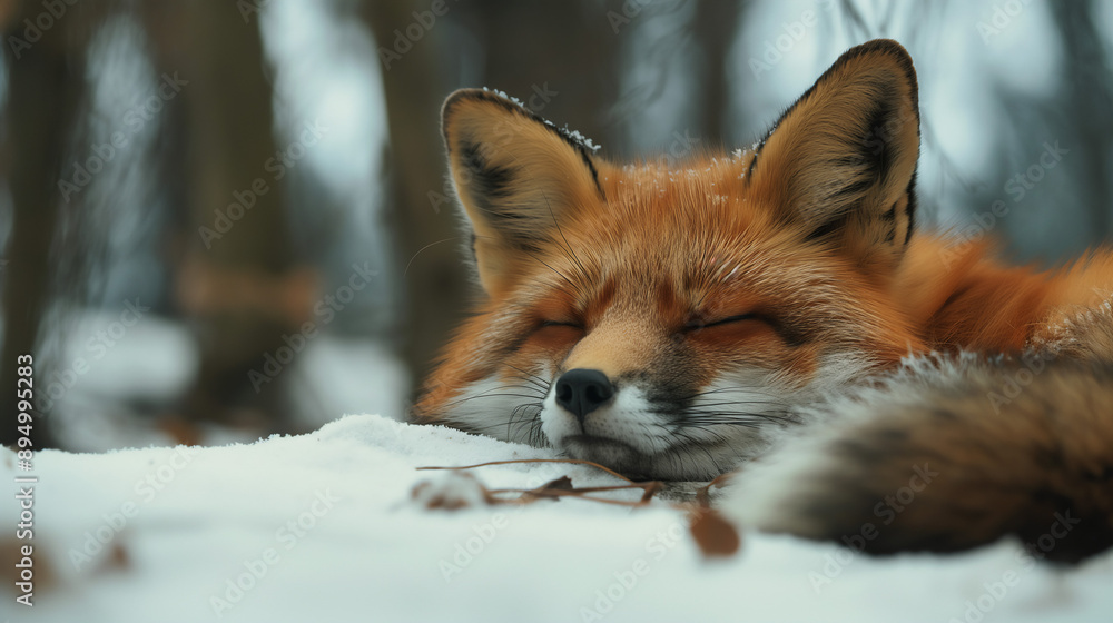 Obraz premium Sleeping Red Fox in the snow forest, copy space