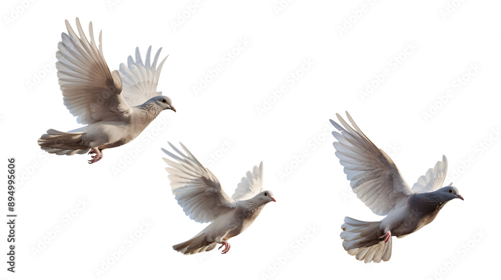 Obraz premium Doves pigeons flying in the sky isolated on a white background