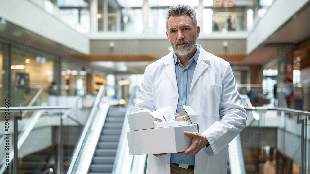 Senior pharmacist carrying medical supplies in a modern hospital Senior pharmacist carrying medical supplies in a modern hospital