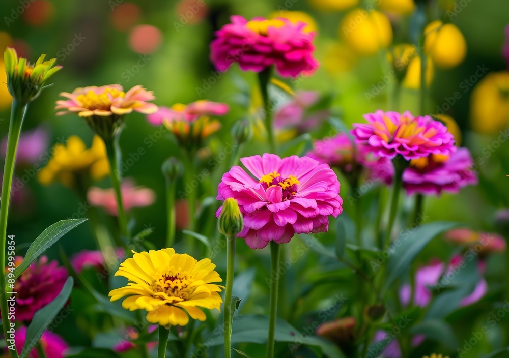 Closeup of Pink and Yellow Zinnia Flowers in a Garden Closeup of Pink and Yellow Zinnia Flowers in a Garden