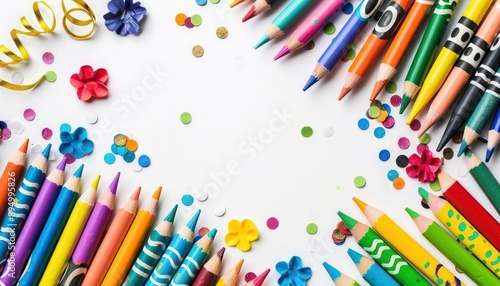 Festive kids party design with colorful crayons and pencils, copyspace on right.