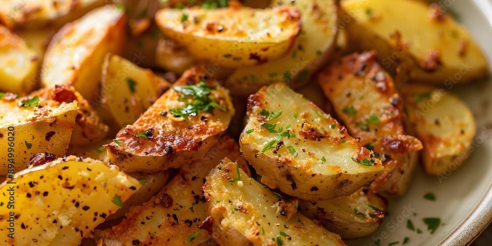 Close Up Of Garlic Herb Roasted Potato Wedges Close Up Of Garlic Herb Roasted Potato Wedges