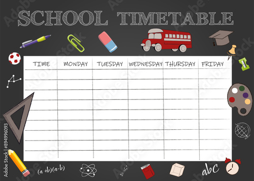  School timetable on the dark background of small details from school life Vector illustration education concept timetable template