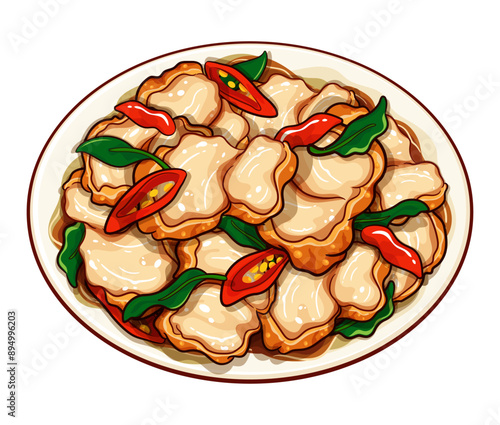 Spicy thai holy basil pork menu recipes illustration vector. (Pad Kra Pao, Krapow Moo Krob) Thai stir fried basil with  crispy pork belly. Thai crispy pork with holy basil. Stir fry pork with basil.