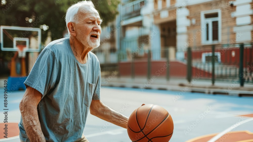 Senior man dribbling basketball in urban outdoor court Senior man dribbling basketball in urban outdoor court