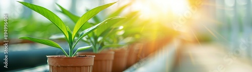 Planter enthusiastically cultivating a variety of greenery in a spacious greenhouse photo