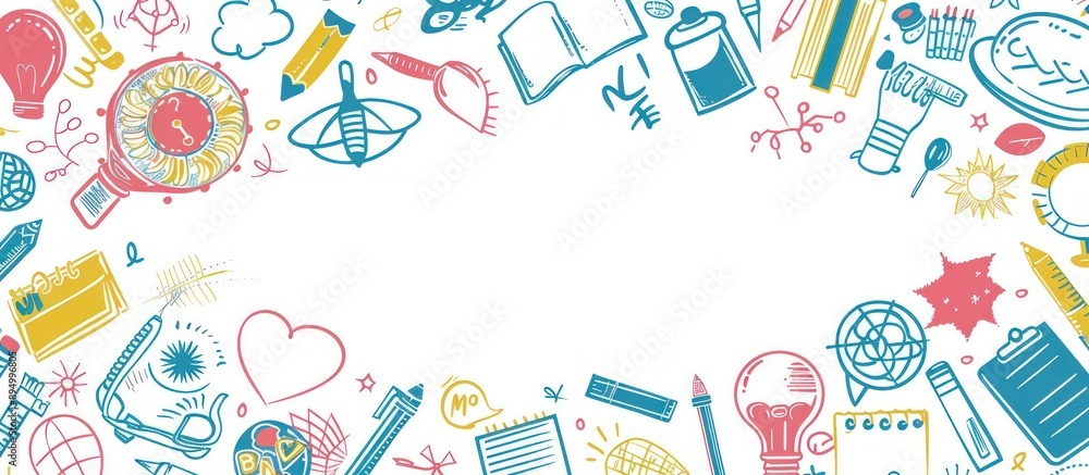 Sharp focus school background with colorful doodles and white space. Sharp focus school background with colorful doodles and white space.