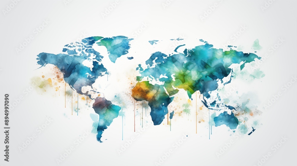 Fototapeta premium Hand drawn watercolor world map aquarelle illustration.
