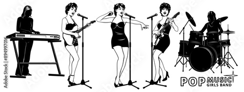 Girl Music Band Set. Keyboardist, Singers, Electric guitarists, Drummer. Microphones with stands are separate objects. Vector cliparts isolated on white.