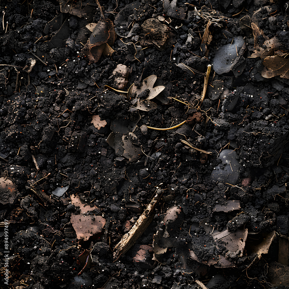 Detailed Close-Up of Rich, Organic Soil Teeming with Life and Decomposed Matter Detailed Close-Up of Rich, Organic Soil Teeming with Life and Decomposed Matter