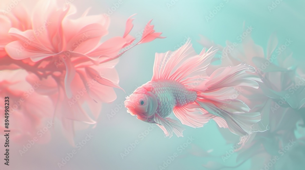 Fototapeta premium A pink fish swimming in a blue background