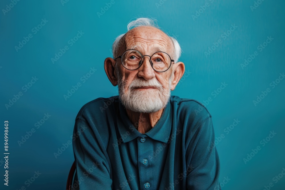 Elderly man with large ears smiling on blue background Elderly man with large ears smiling on blue background