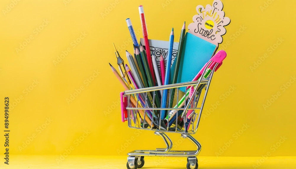 Shopping cart filled with vibrant school supplies on a bright yellow background.