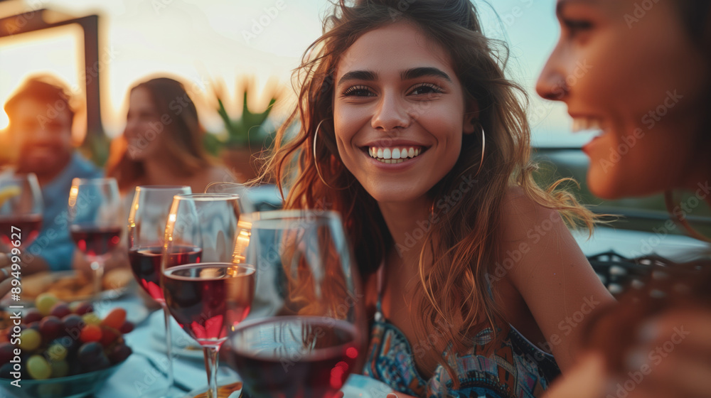 Friends enjoying wine and food at an outdoor party during sunset. Social gatherings, outdoor dining, festive celebrations, friendship moments, lifestyle photography. Friends enjoying wine and food at an outdoor party during sunset. Social gatherings, outdoor dining, festive celebrations, friendship moments, lifestyle photography.